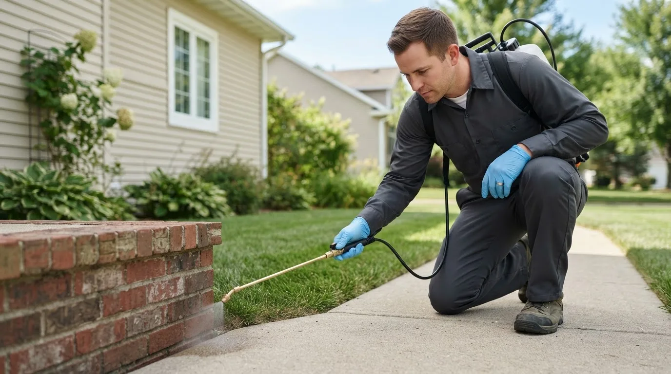 Pest control technician treating a home near Churubusco, IN