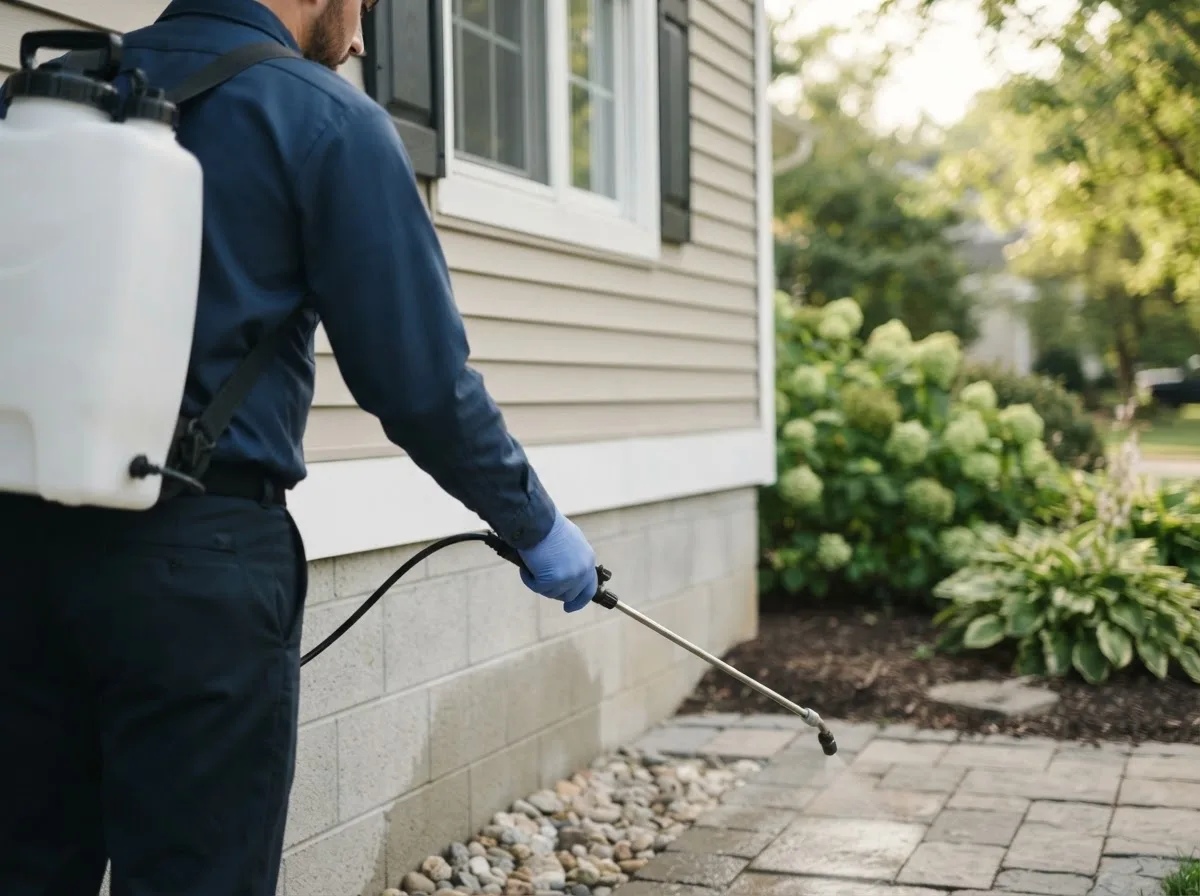 Pest control technician inspecting a home in Churubusco, IN